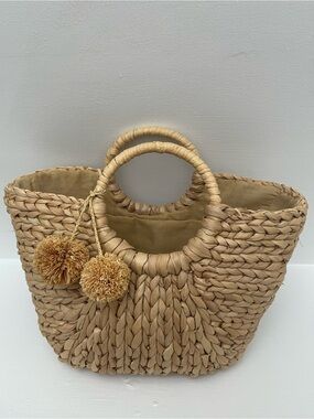 Woven Straw Tote Bag with Pom Pom Accent - Natural
